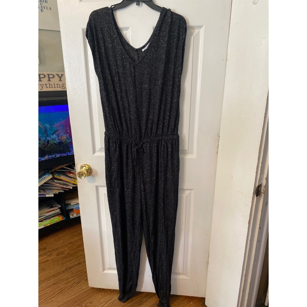 Serra Womens Charcoal Gray Marl Knit Sleeveless Jumpsuit V-Neck Drawstring Large